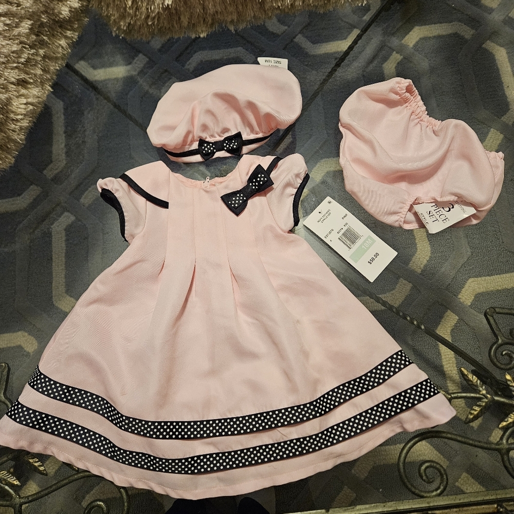 ***SOLD***NWT***Pink Baby Dress with Polka Dot Trim (3 Piece Set)